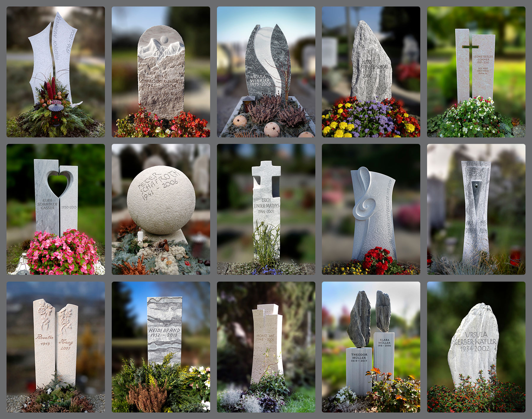 Galerie moderner und klassischer Grabsteine aus Naturstein – gefertigt vom Steinmetz in Thun, Bern.